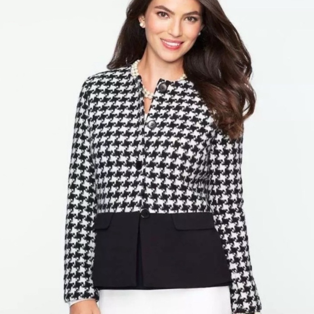 Talbots Black White Houndstooth Wool Tweed Blazer Size 16 Petite Preppy Classic